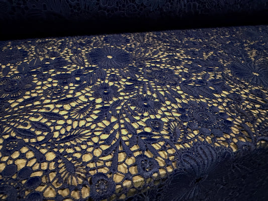 Cutwork embroidered couture lace dress fabric with decorative border, per metre - floral - navy