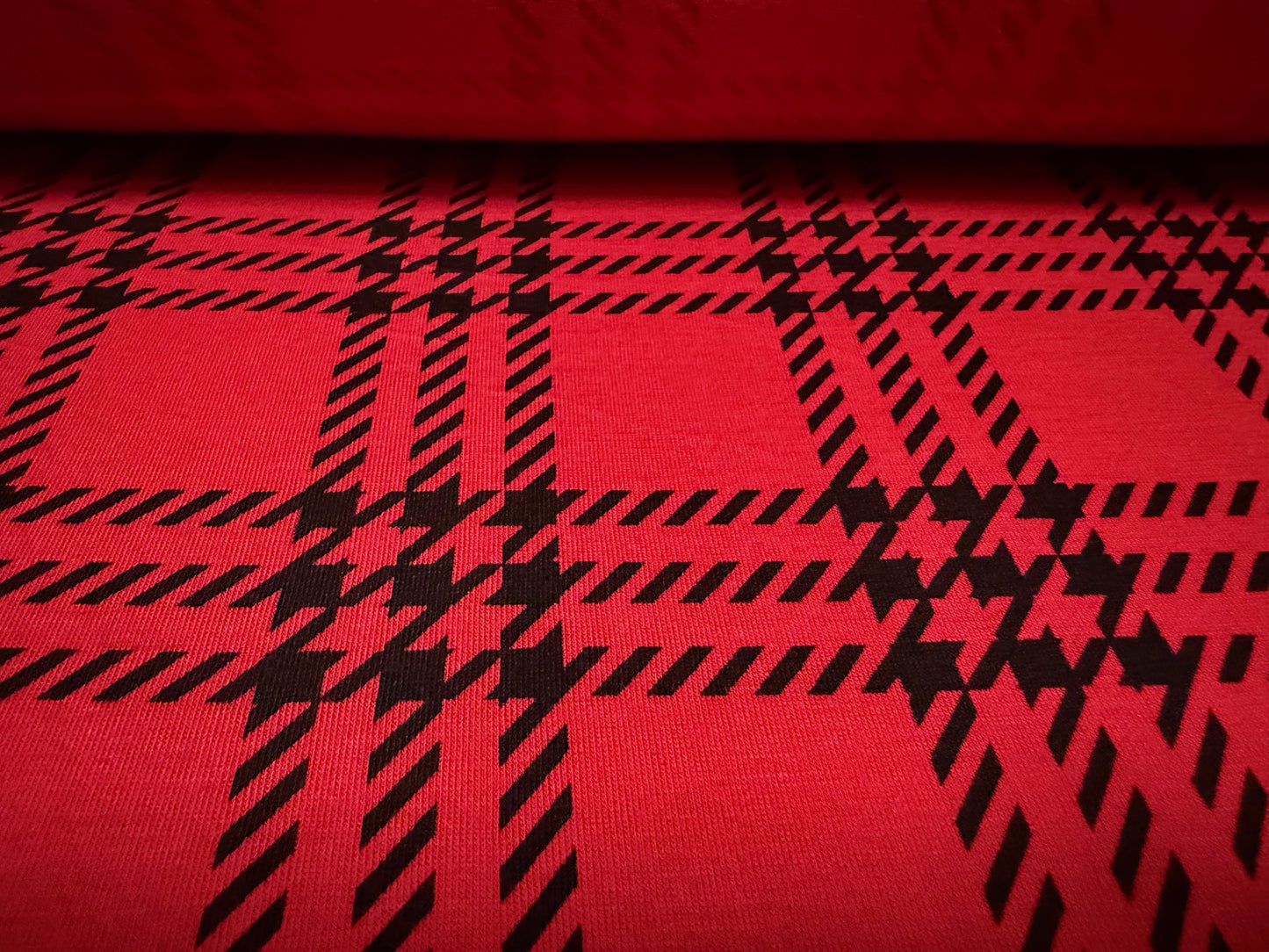 Viscose spandex stretch single jersey fabric, per metre - tartan matrix print - red & black