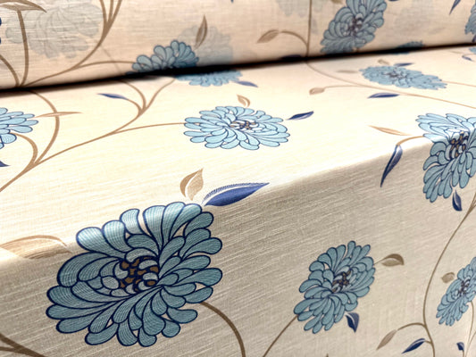 Soft handle slub single jersey fabric, per metre - flower print - cream & sky blue