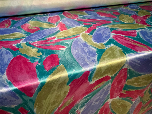 Silky satin woven dress fabric, per metre- impressionist petals print - multicolour