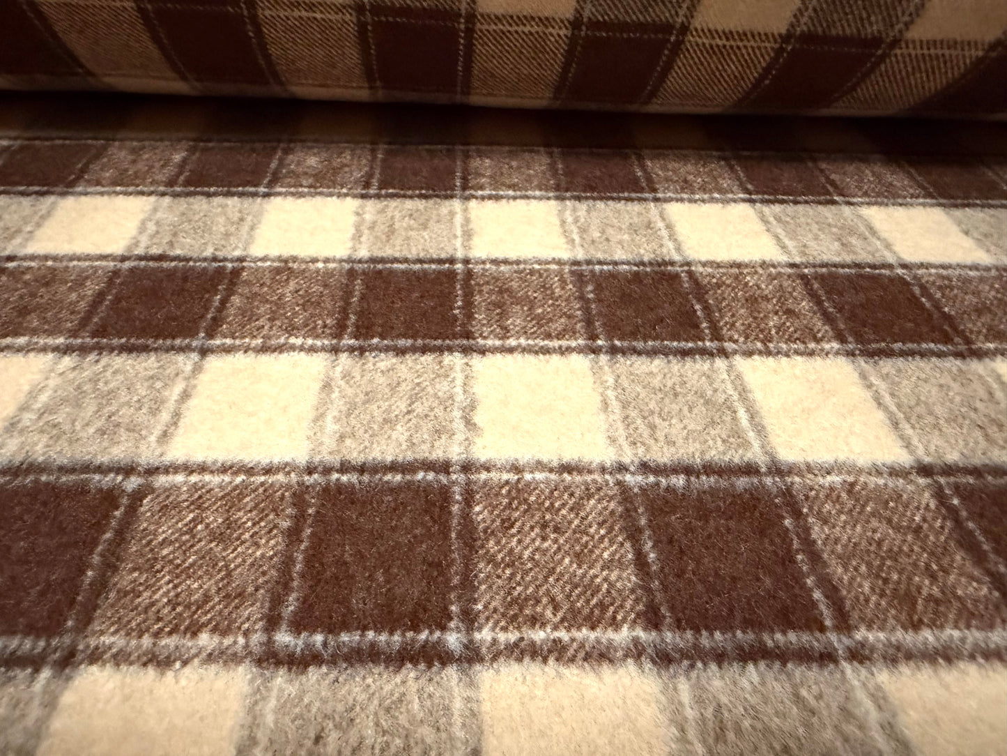 Heavyweight wool flannel fabric, per metre - plaid check - brown & beige