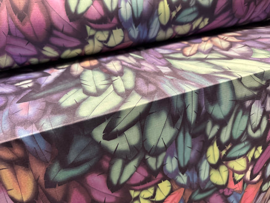 Soft touch stretch spandex single jersey fabric, per metre - stylised leaves print - multicolour