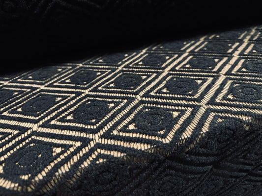 Flocked lace dress fabric, per metre - geometric design - black