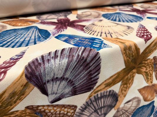 Scuba crepe fabric stretch spandex jersey, per metre - seashells & starfish print