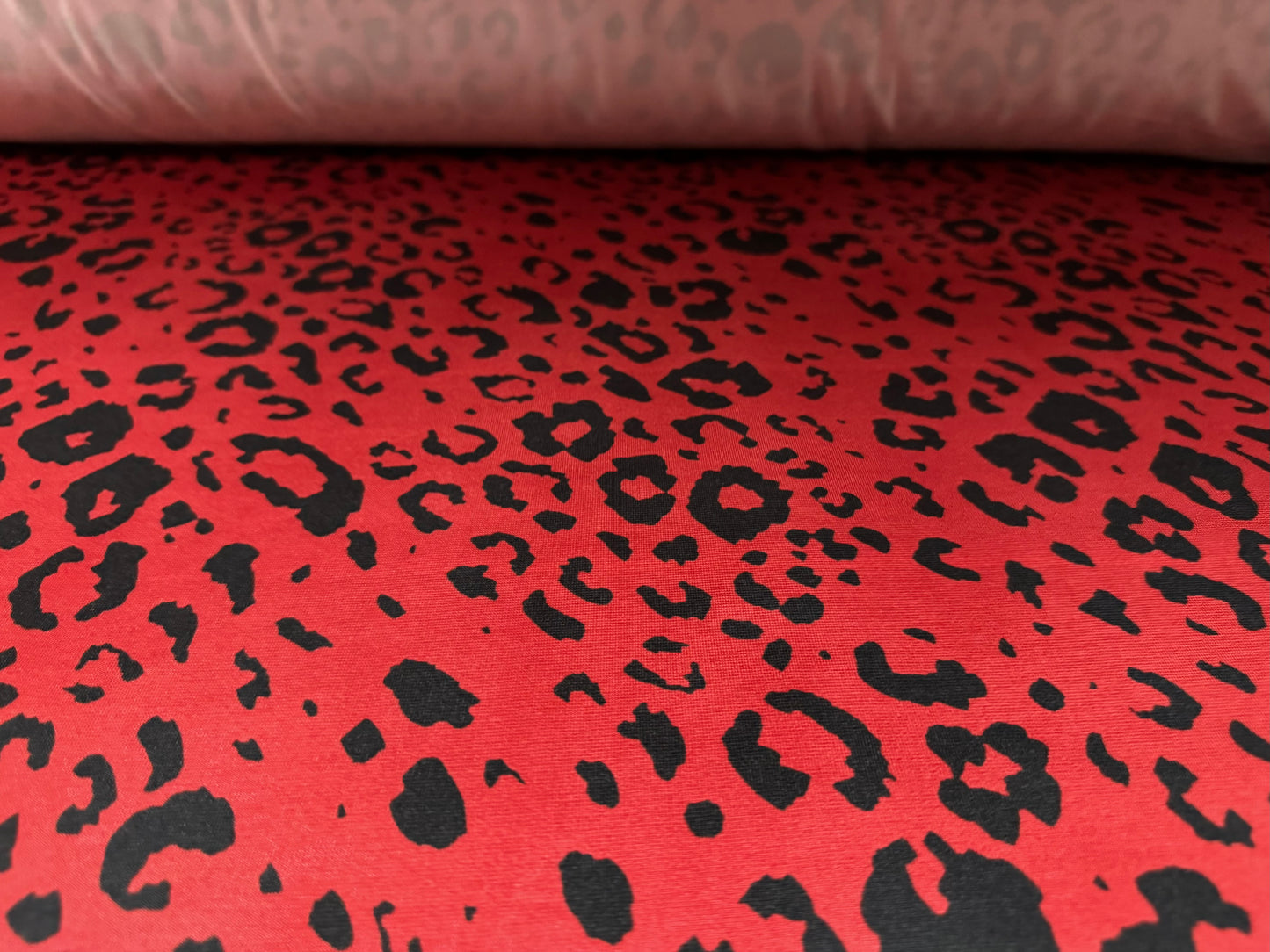 Soft touch stretch spandex single jersey fabric, per metre - cheetah print - dark red