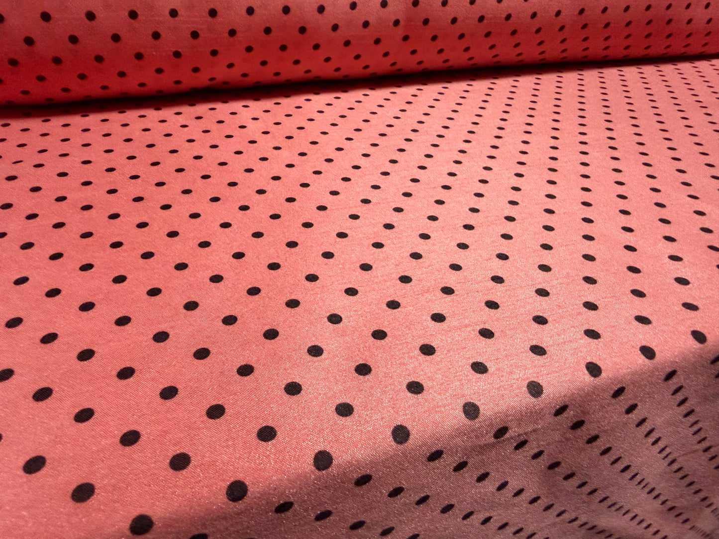 Shantung satin faux silk woven dress fabric, per metre - spot print - coral pink