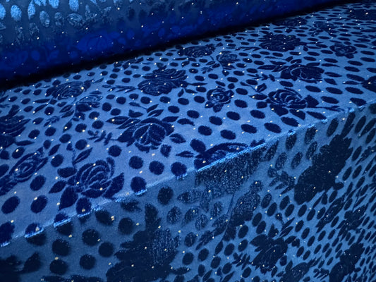 Devoré velour fabric with diamanté sparkle, per metre - floral - blue