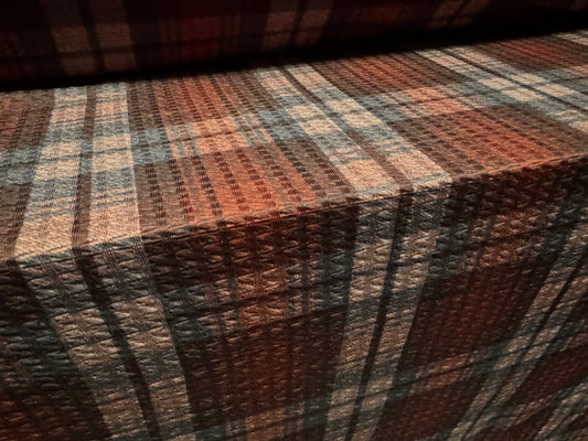 Double jersey jacquard stretch spandex fabric, per metre - tartan check print - rust & dusky pink