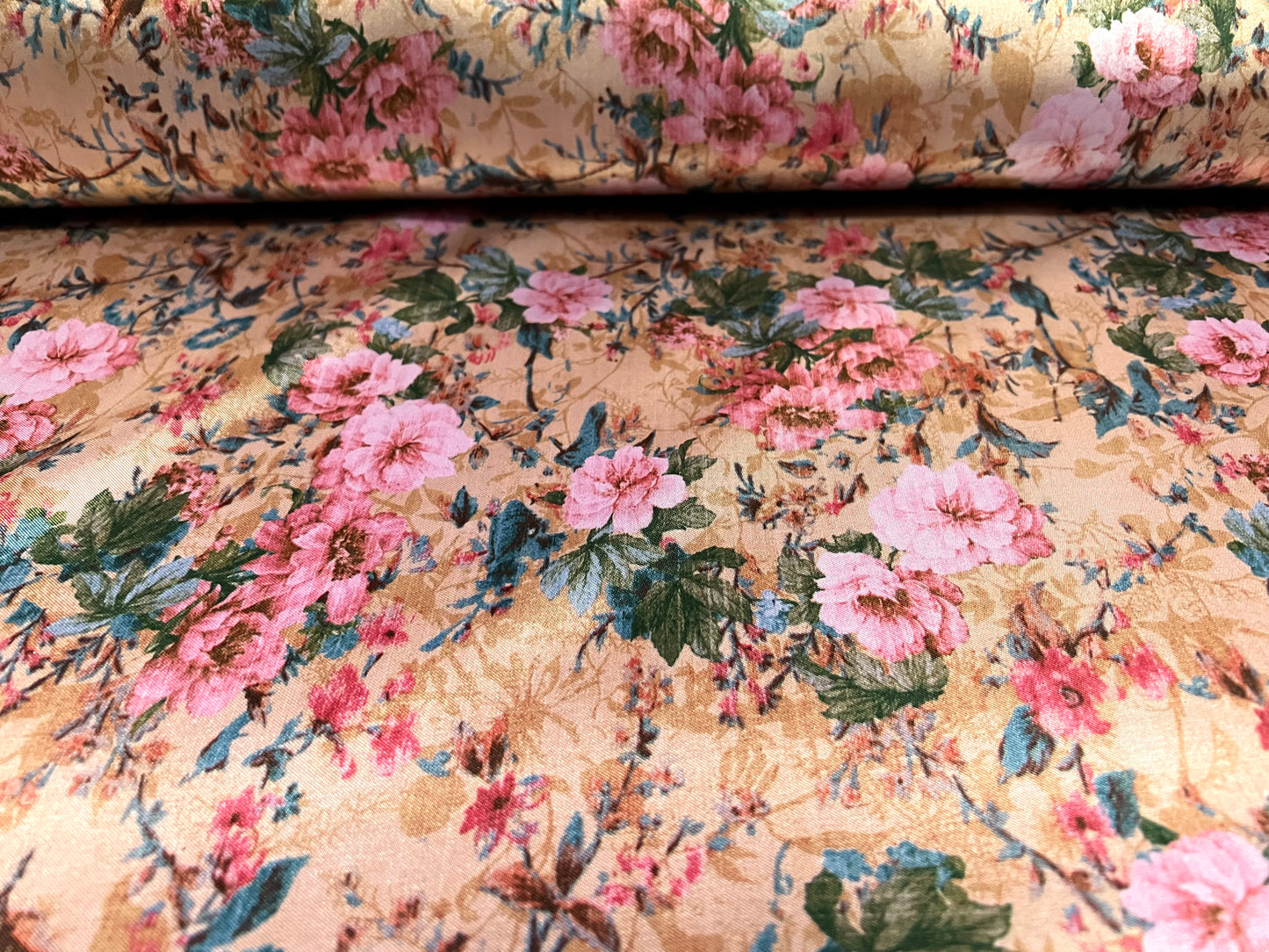 Silky Satin woven dress fabric, per metre - flower print - old gold & pink