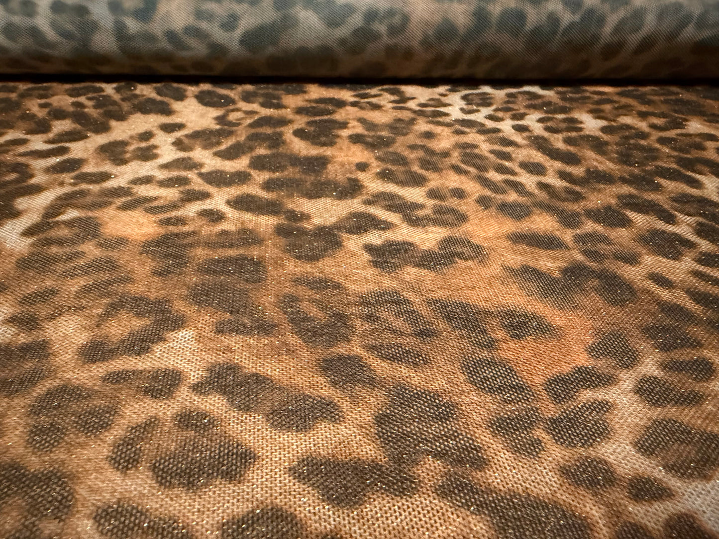 Metallic power mesh net stretch spandex fabric, per metre - leopard animal print - brown & gold