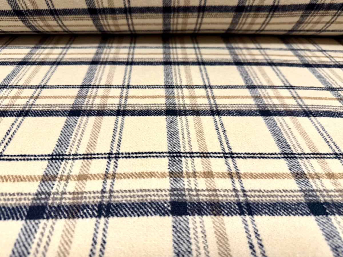 Wool flannel fabric, per metre - plaid check - cream navy & beige