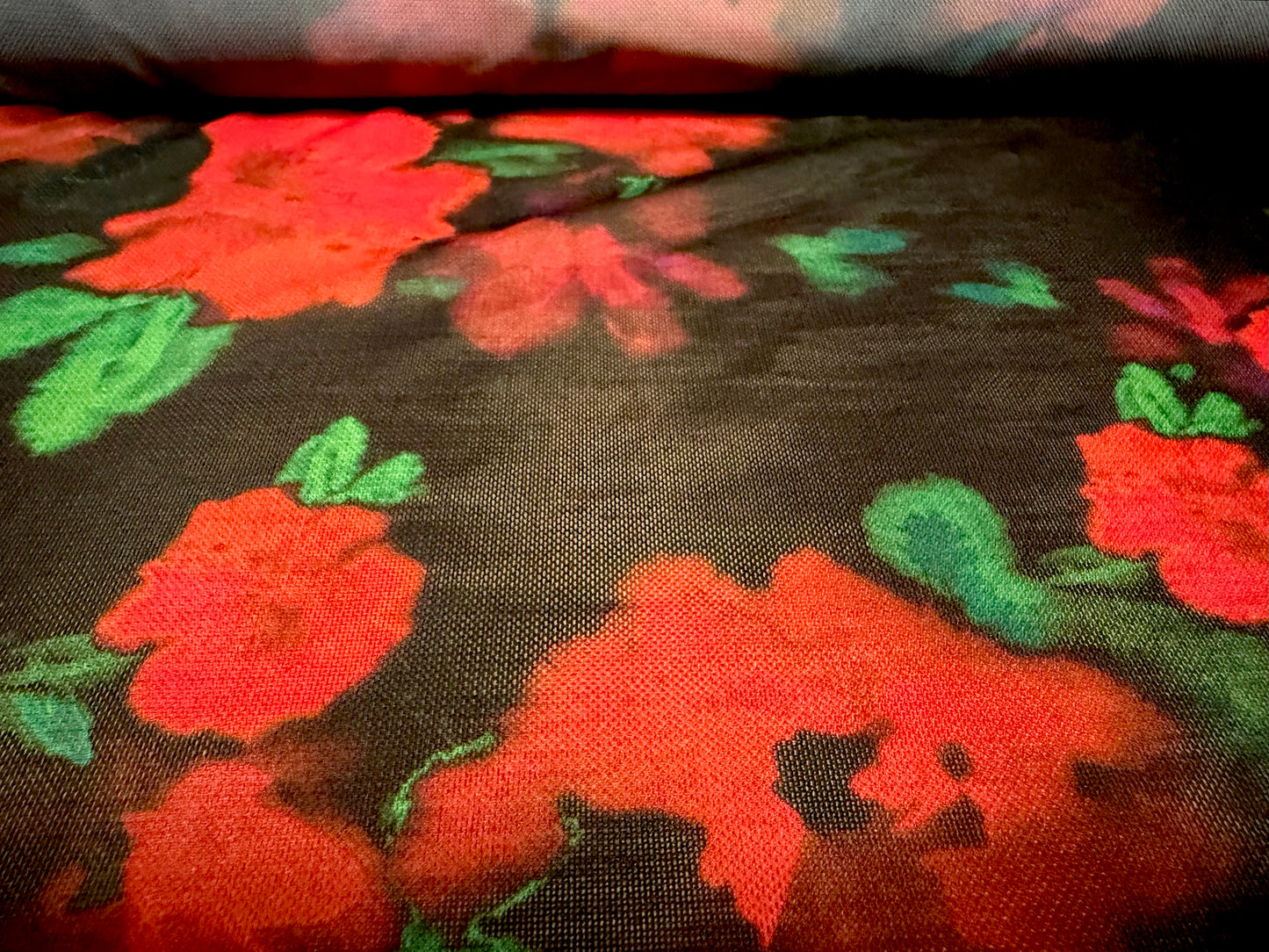 Power mesh net stretch spandex fabric, per metre - soft focus floral print - black red & green