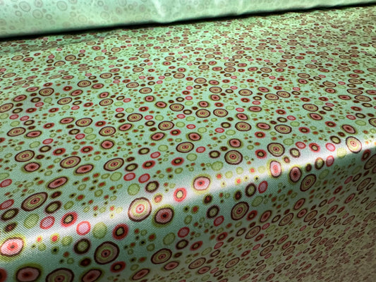 Silky satin woven dress fabric, per metre - circles print - aqua
