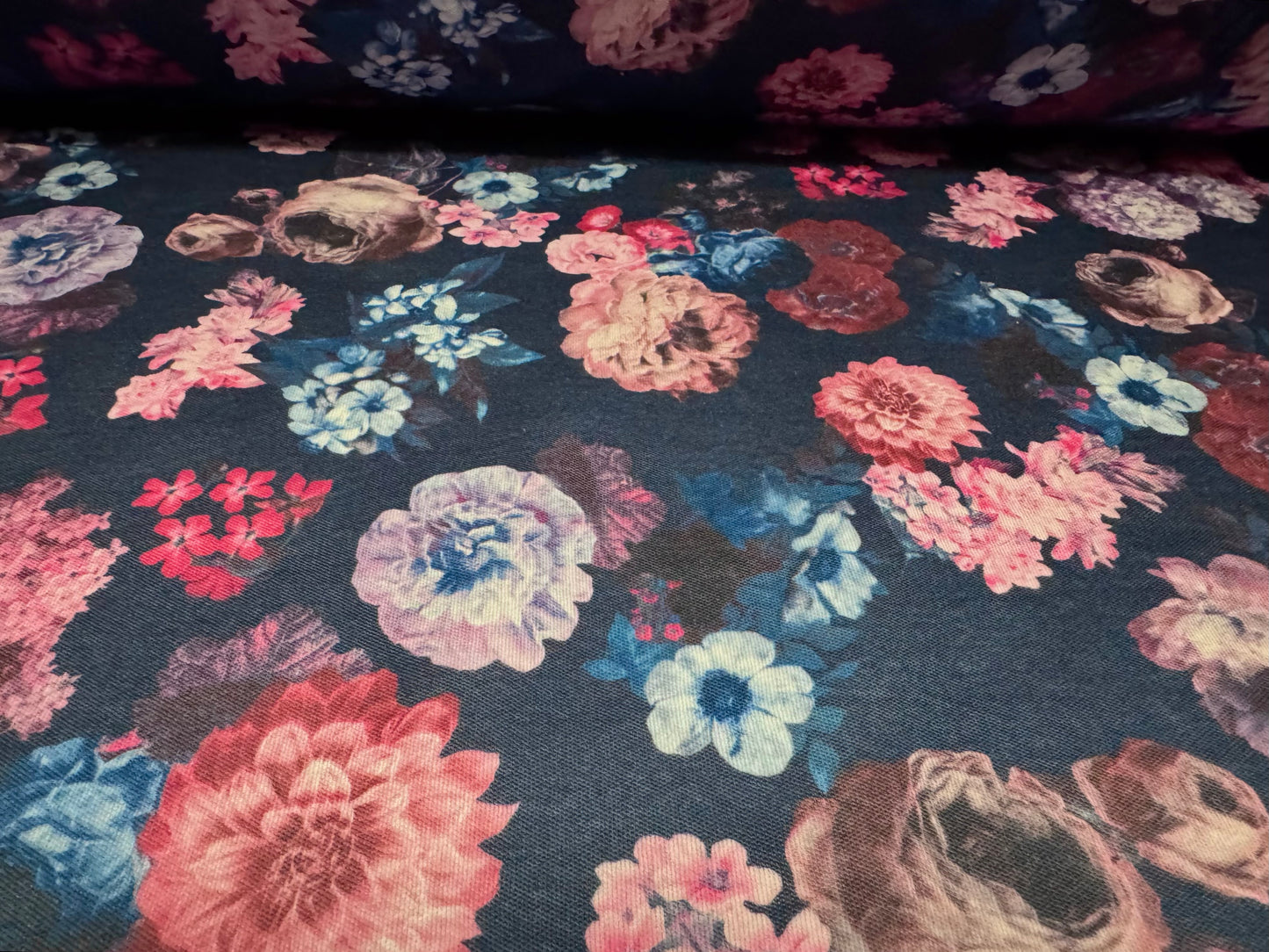 Double jersey upholstery fabric, per metre - rose print - navy & pink