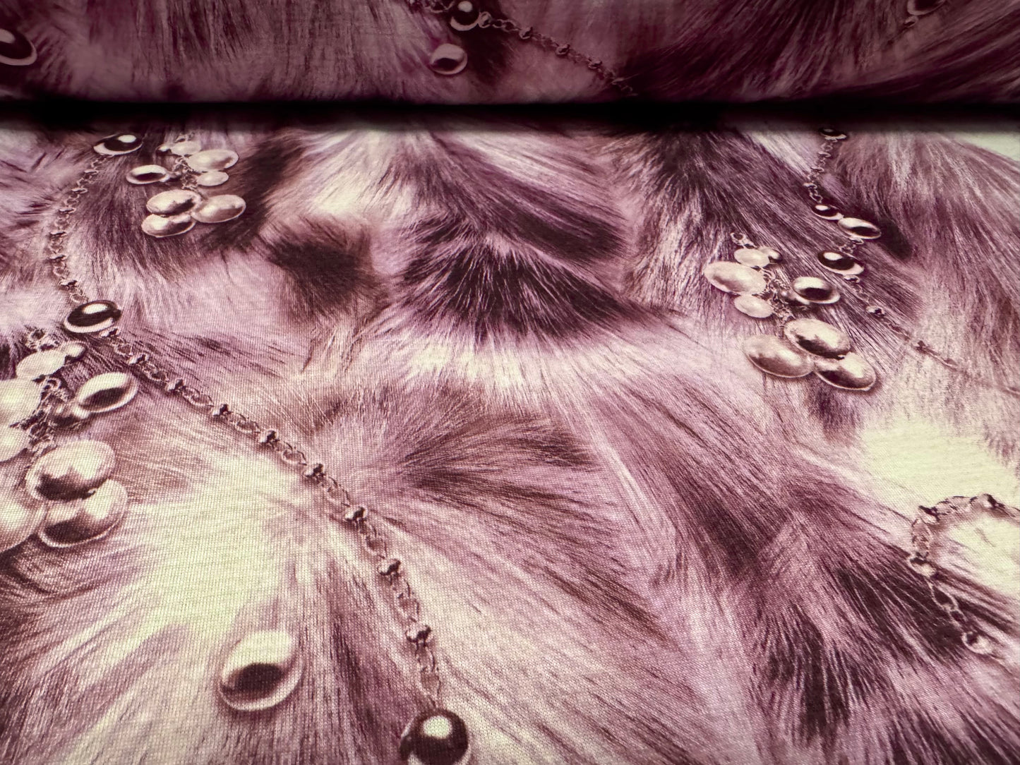 Soft handle single jersey fabric, per metre - pearls & fur print - purple