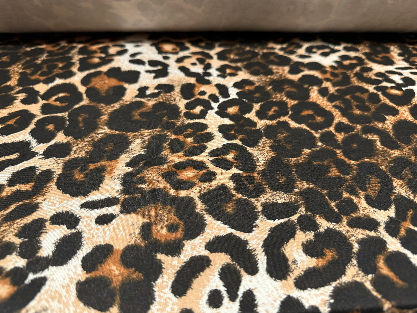 Viscose spandex stretch single jersey fabric, per metre - leopard animal print - cream & brown