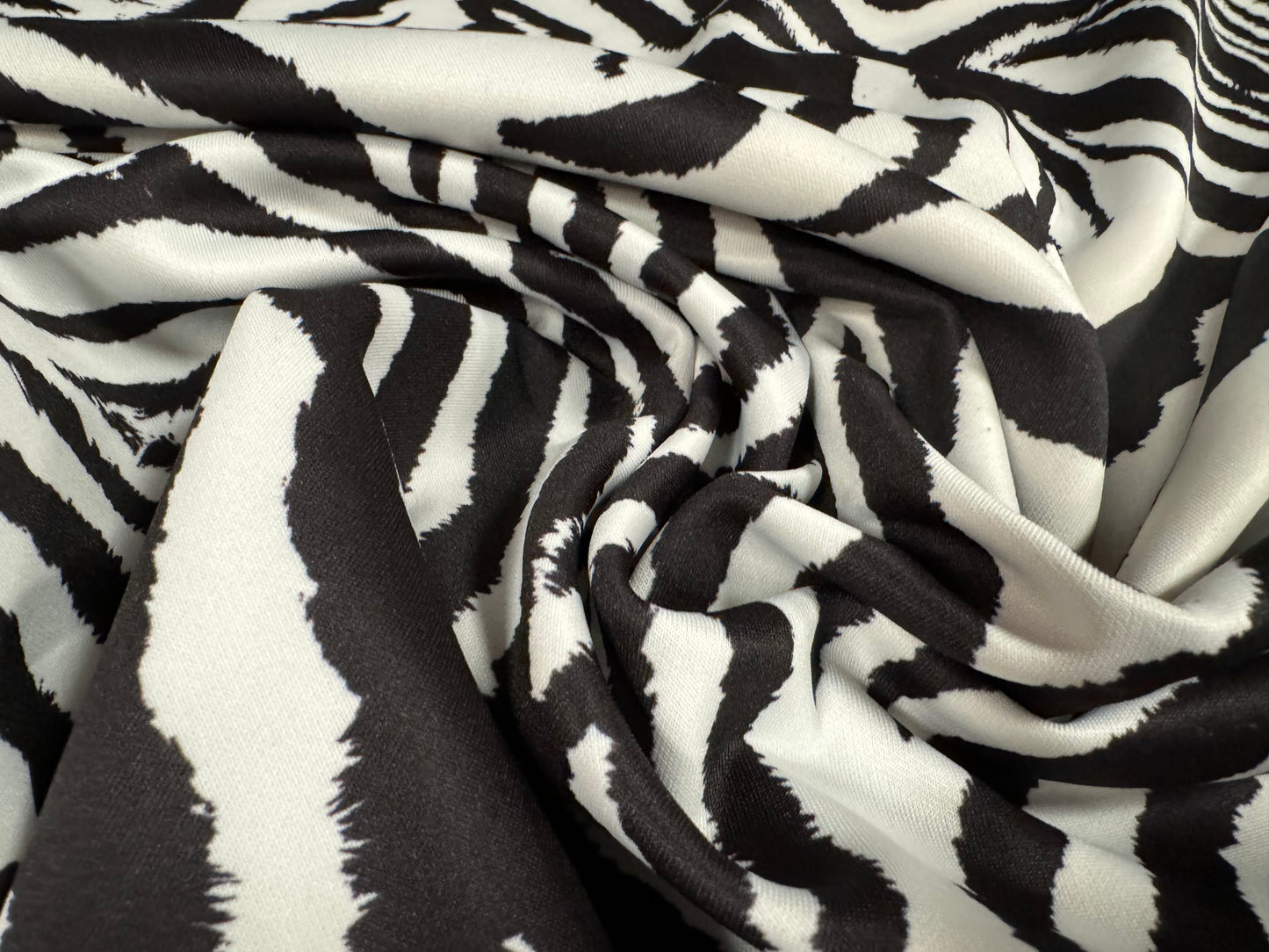 Scuba stretch spandex double jersey dress fabric, per metre - zebra print - black & white