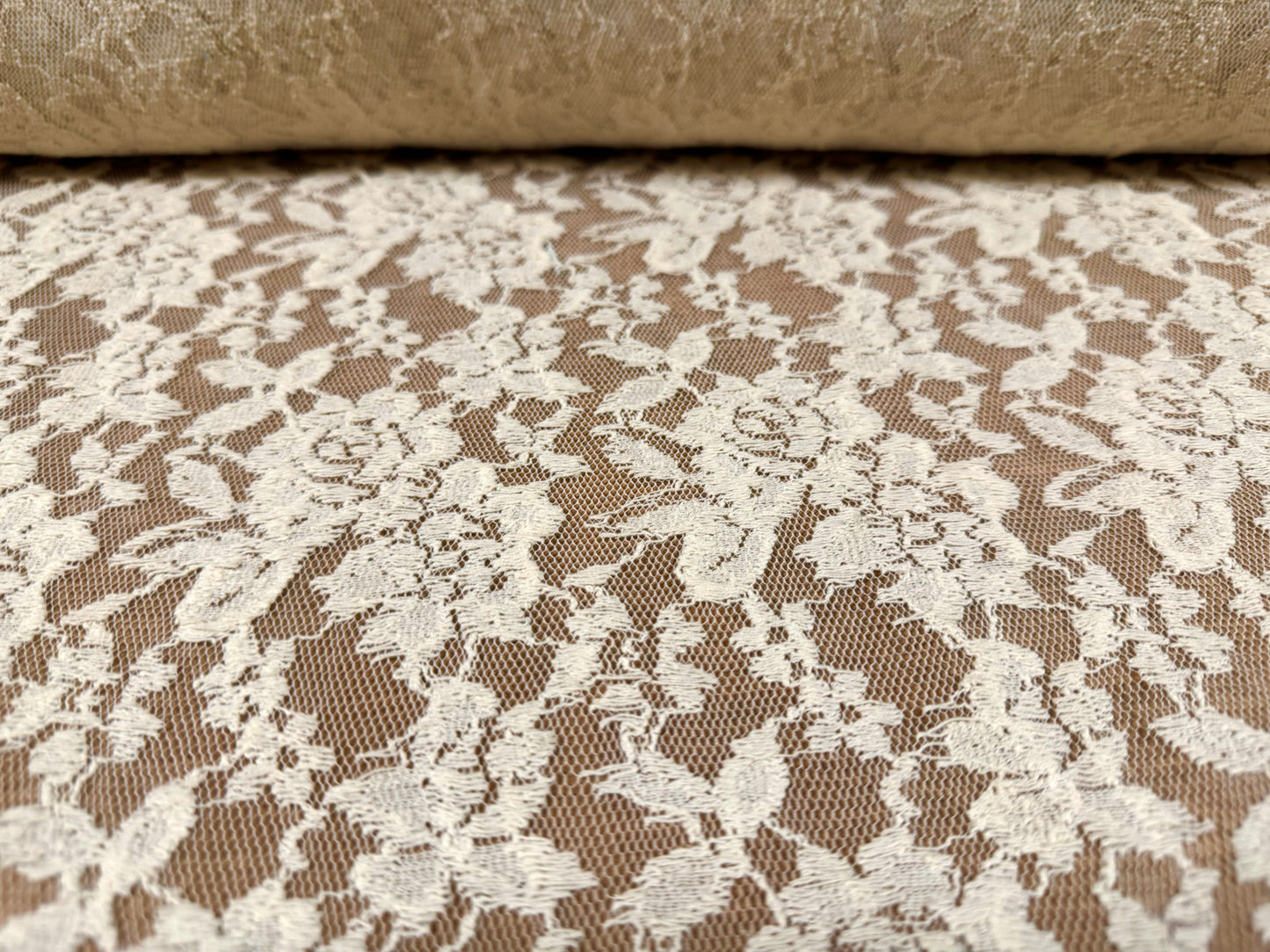 Stretch cotton spandex lace fabric, per metre - floral - cream