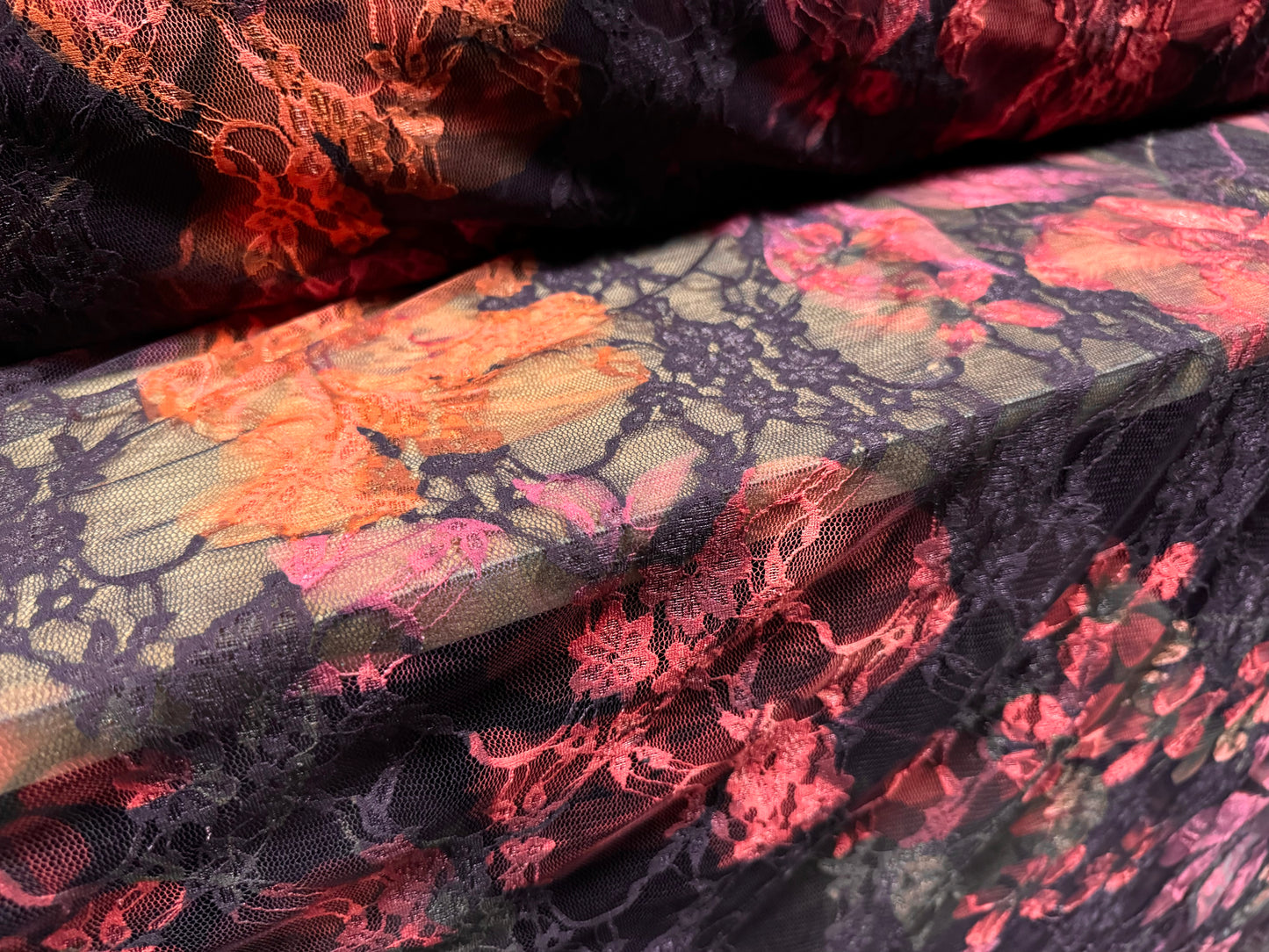 Stretch spandex mesh lace fabric, per metre - lily flower print - purple & pink