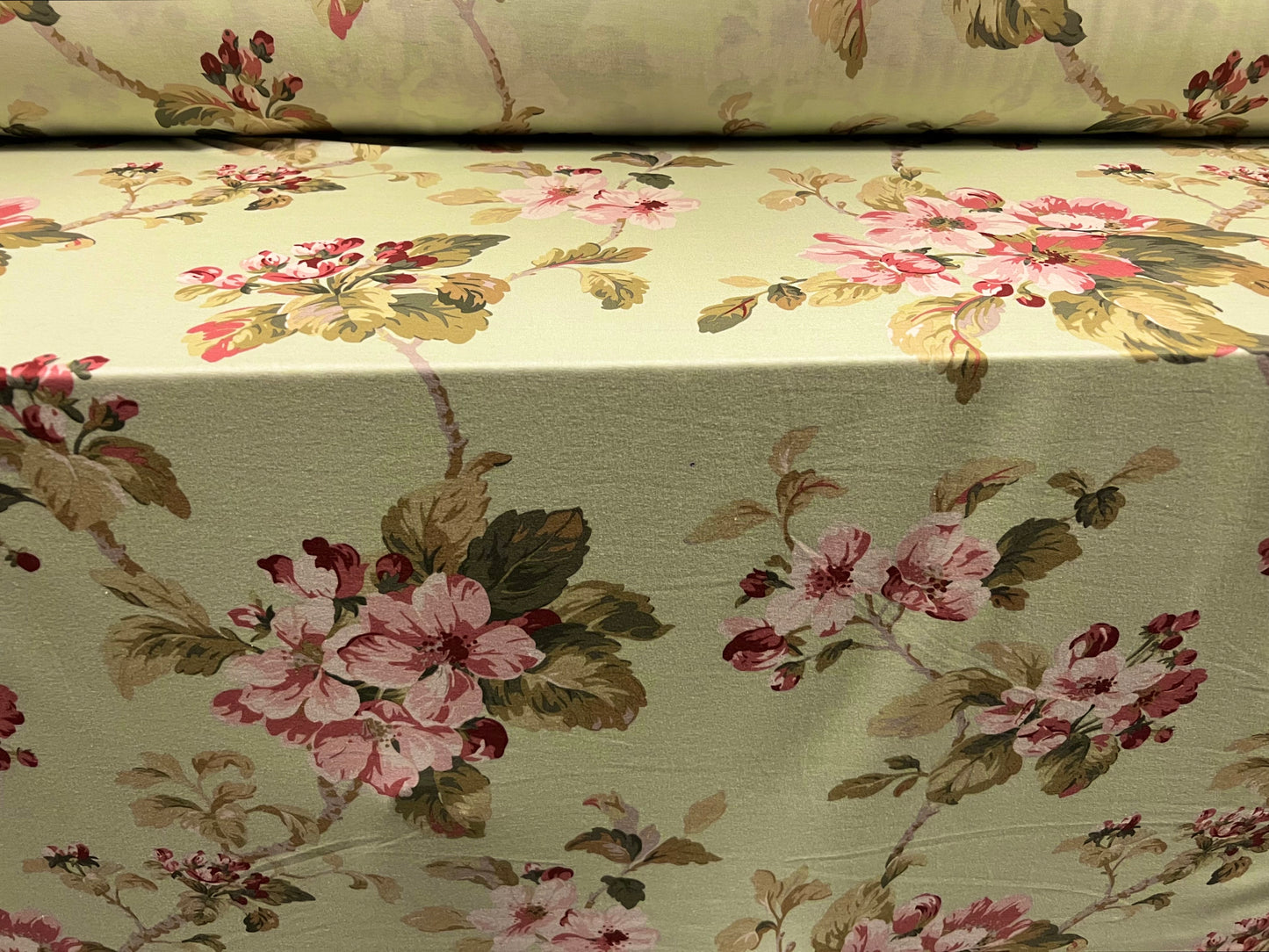 Soft handle stretch single jersey fabric, per metre - rambling rose flower print - green & pink