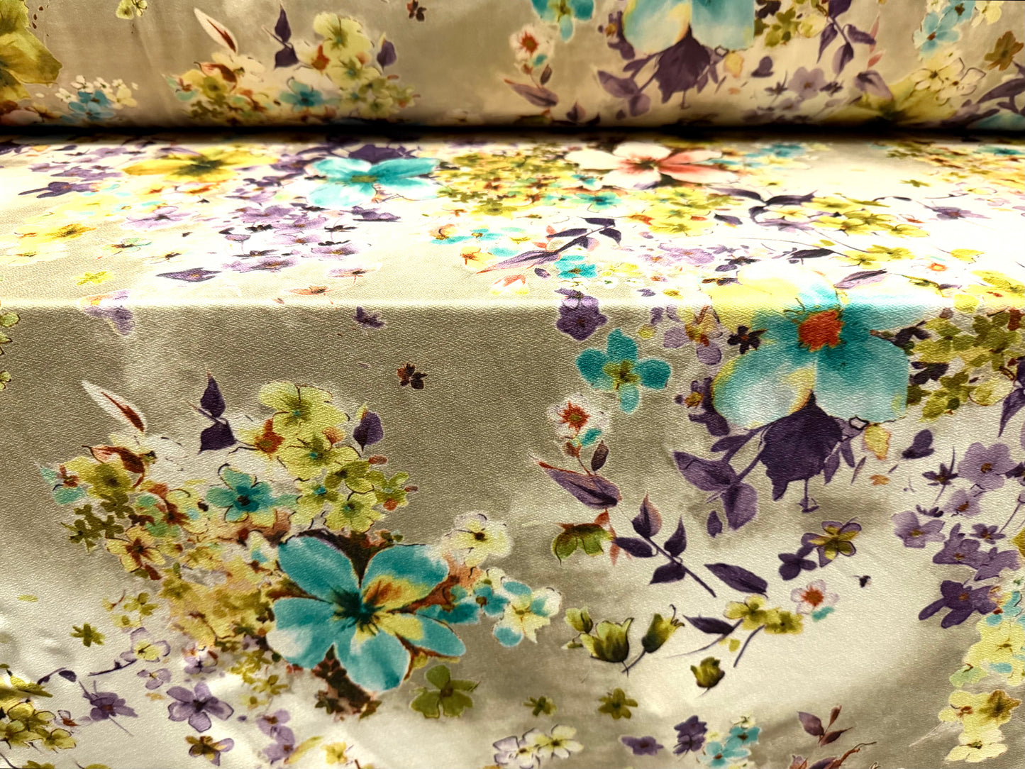 Stretch spandex crepe single jersey dress fabric, per metre - floral print -cream sage turquoise & purple