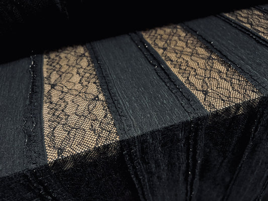 Metallic lace stretch spandex fabric, per metre - floral pleated stripe - black