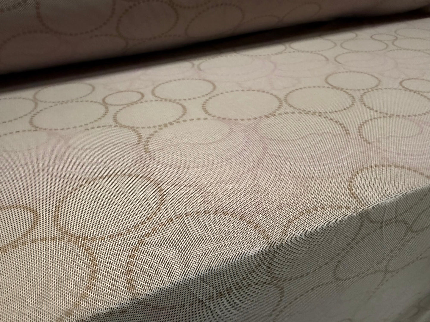 Power mesh net stretch spandex fabric, per metre - geometric circles print - grey pink & mustard