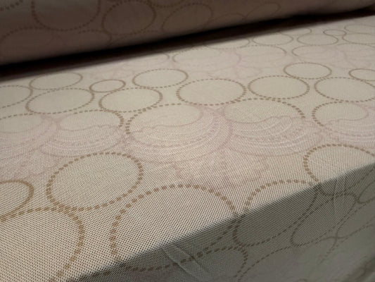 Power mesh net stretch spandex fabric, per metre - geometric circles print - grey pink & mustard