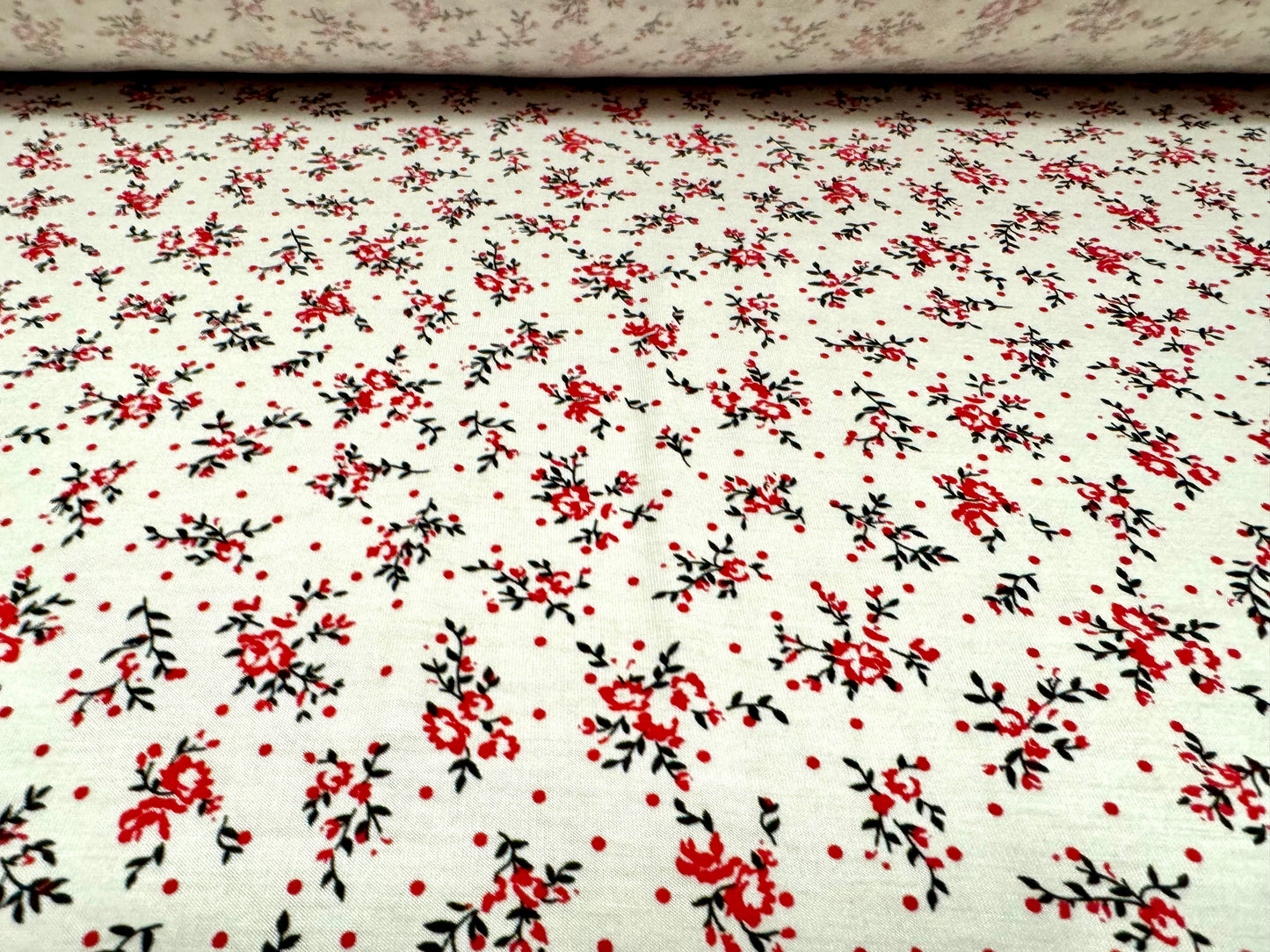 Viscose spandex stretch single jersey fabric, per metre - small flower ditsy print - white red & black