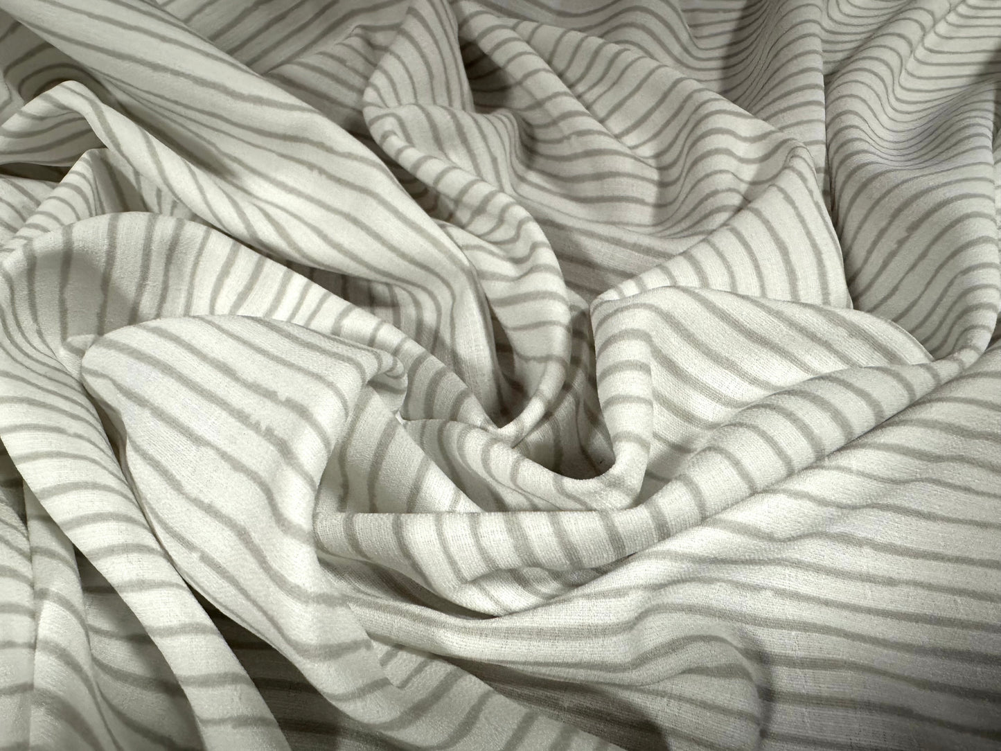 Woven crepe dress fabric, per metre - distressed stripe print - white & grey