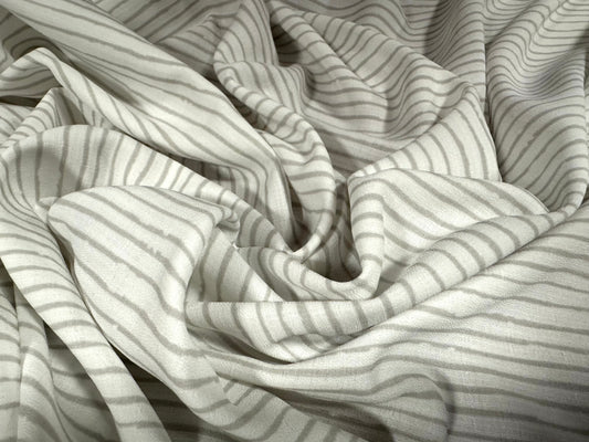 Woven crepe dress fabric, per metre - distressed stripe print - white & grey