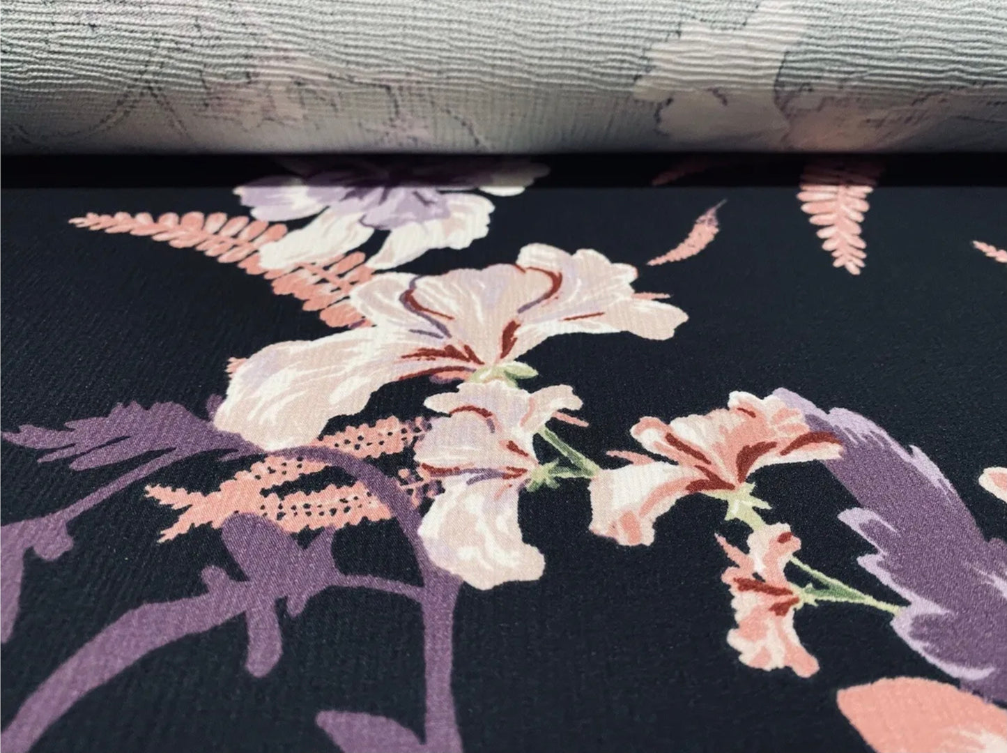 Stretch crepe woven dress fabric, per metre - floral print - black & pink