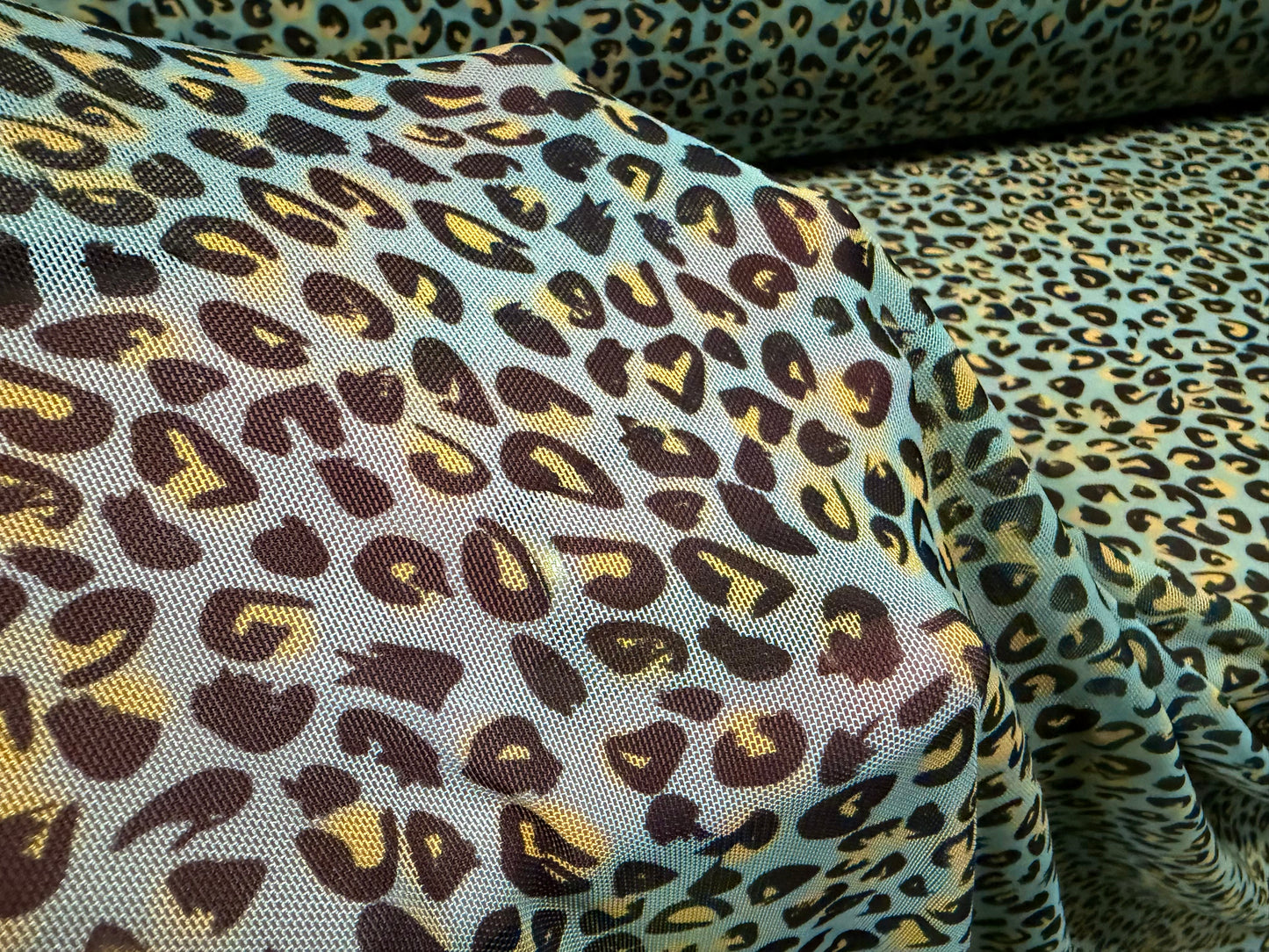 Power mesh net stretch spandex fabric, per metre - micro leopard animal print - blue & yellow