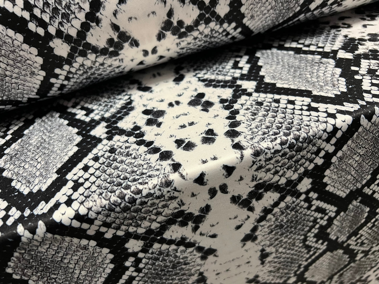 Stretch spandex single jersey fabric, per metre - snakeskin print - grey white & black