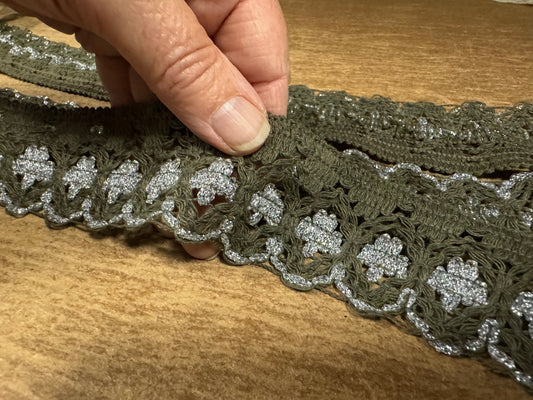 Metallic crochet lace edging trim fabric with scallop, per metre - khaki with silver lurex