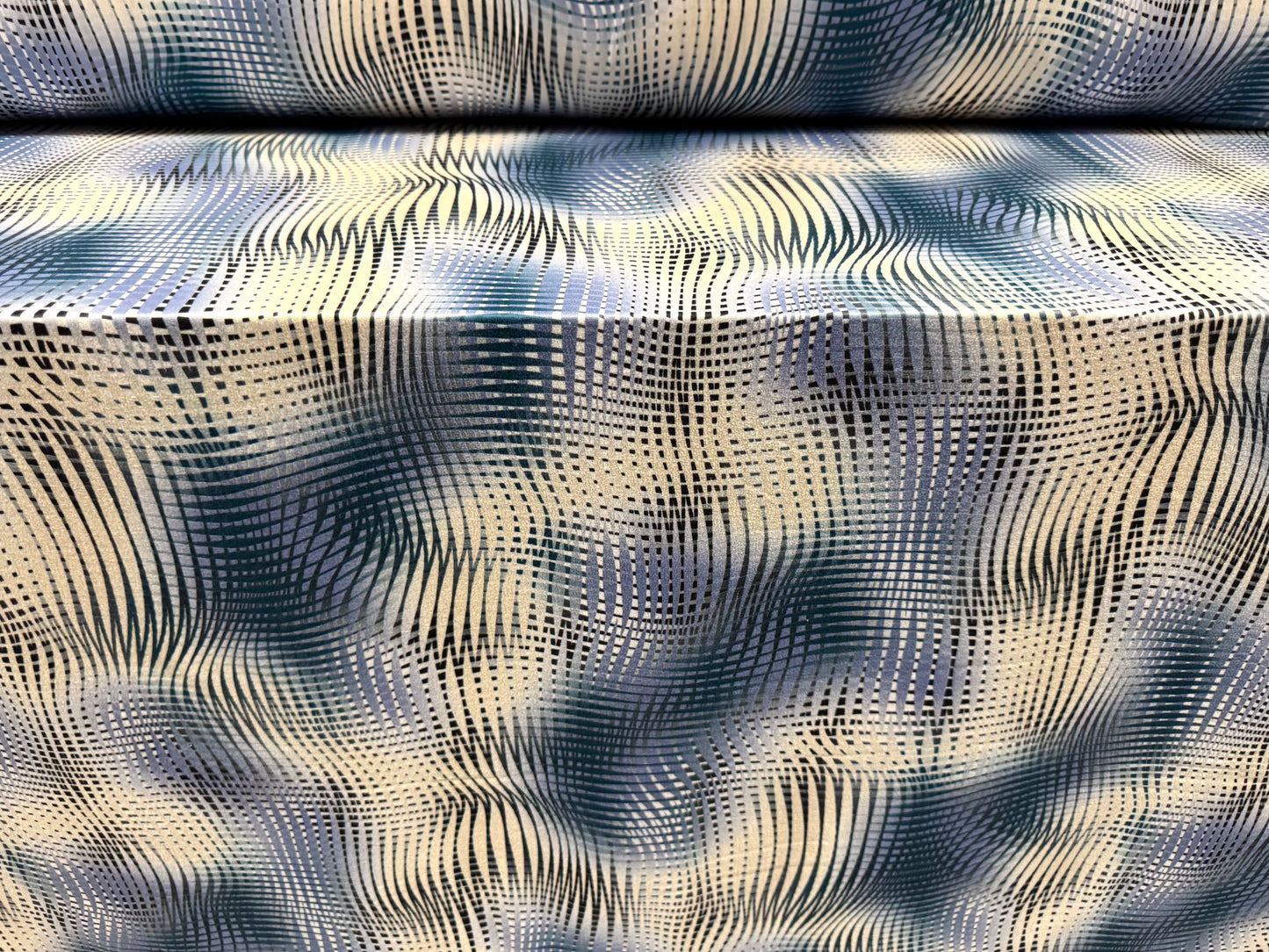 Soft handle stretch single jersey fashion fabric, per metre - psychedelic print - blue & cream
