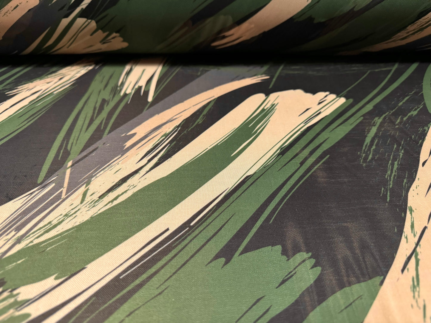 Power mesh net stretch spandex fabric, per metre - camouflage brush strokes print - khaki & nude