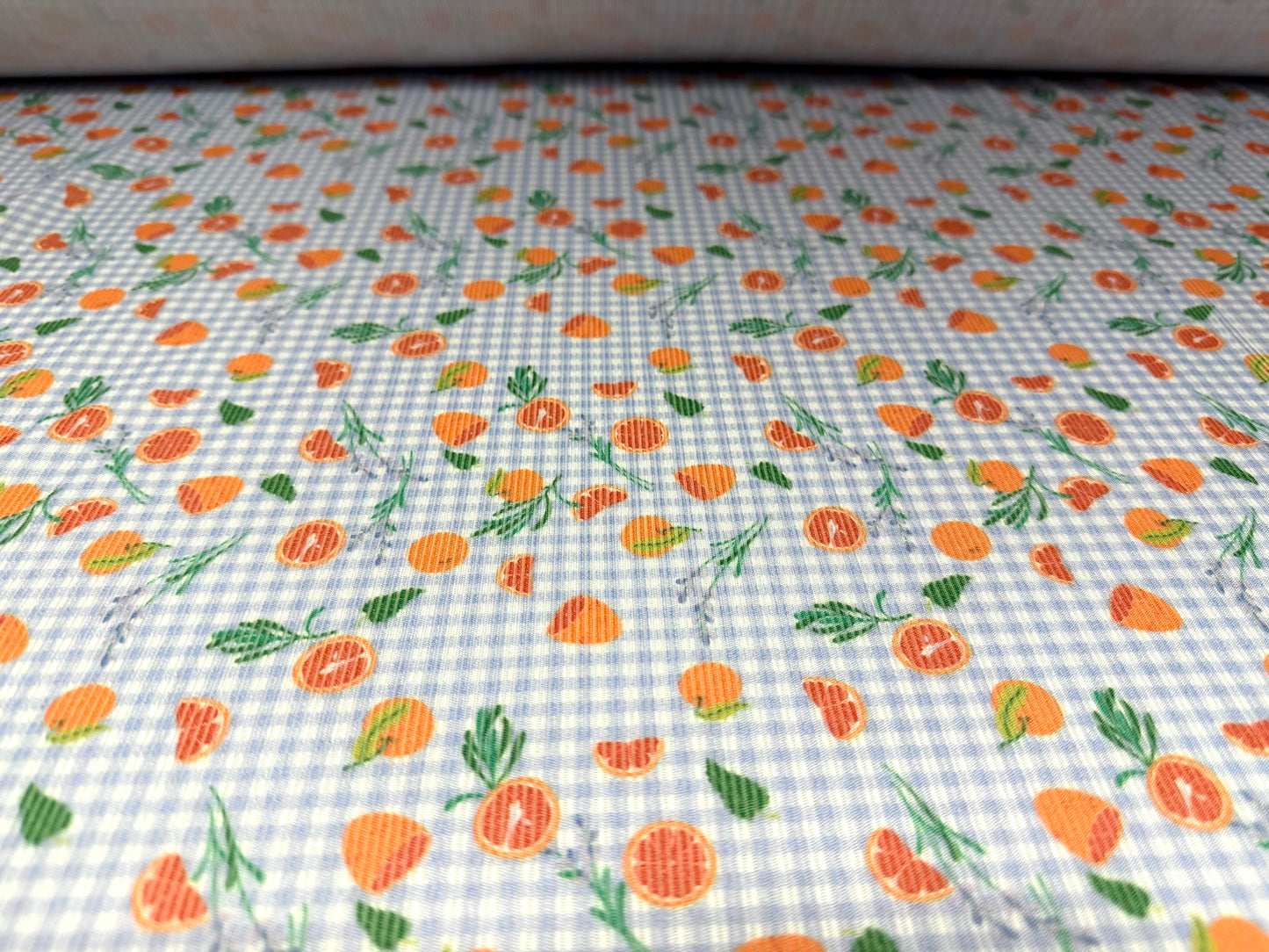 Ribbed jersey fashion fabric, per metre - oranges on gingham print - sky blue