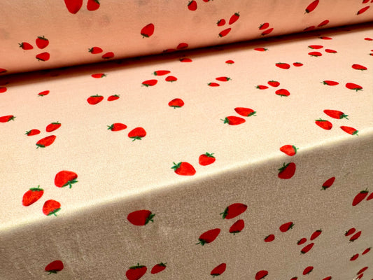Stretch spandex interlock jersey fabric, per metre - strawberry print - pink