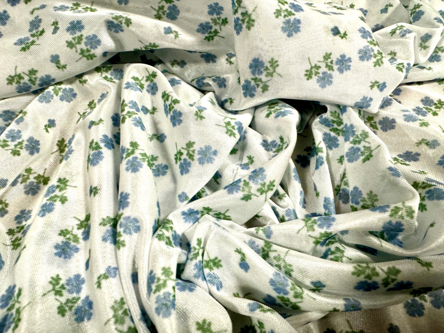 Angelique lightweight sateen jersey fabric, per metre - ditsy floral print - white with blue & green flowers