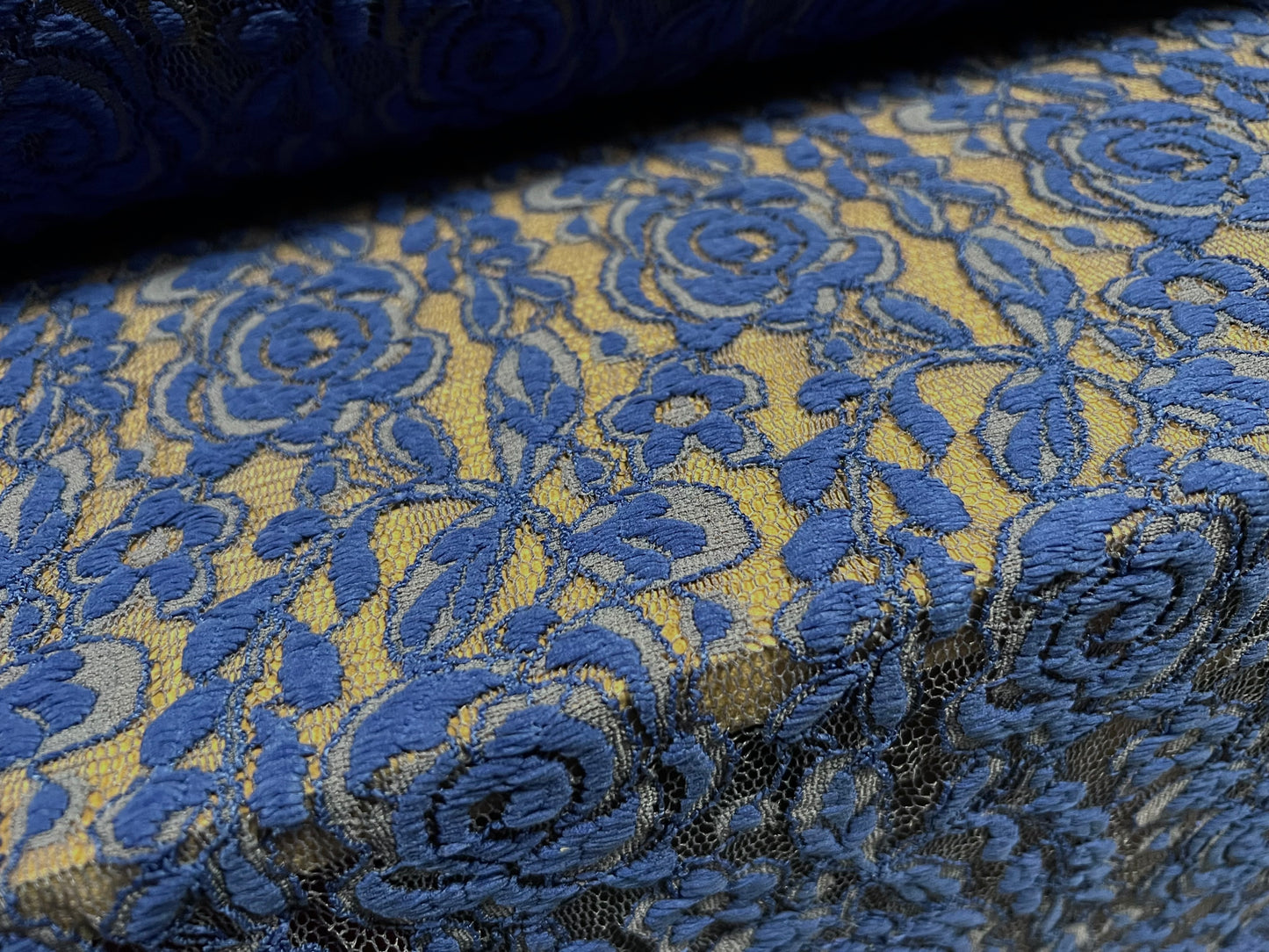 Lace dress fabric, per metre - floral rose design - bicolour - blue grey