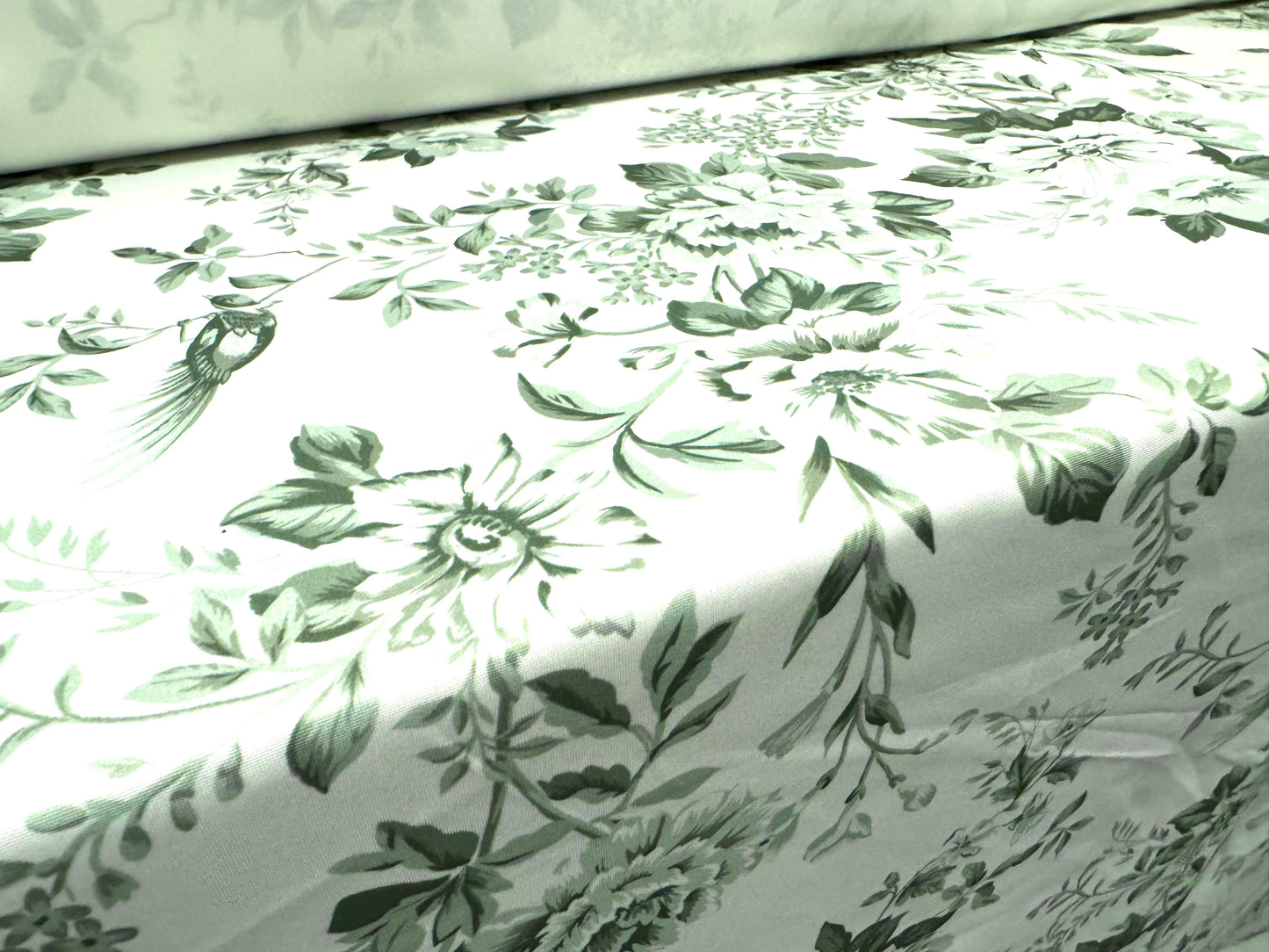 Scuba crepe stretch spandex double jersey dress fabric, per metre - Toile De Jouy print - sage green & white