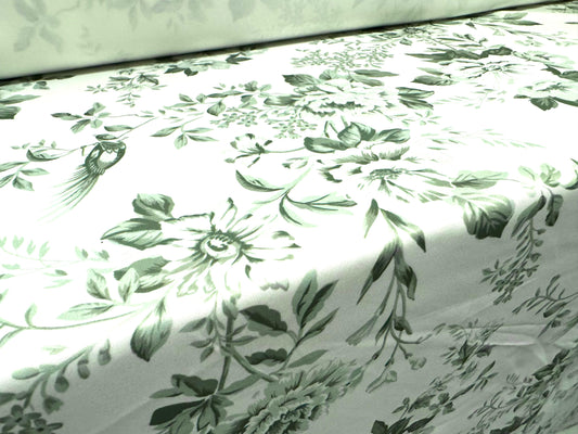 Scuba crepe stretch spandex double jersey dress fabric, per metre - Toile De Jouy print - sage green & white