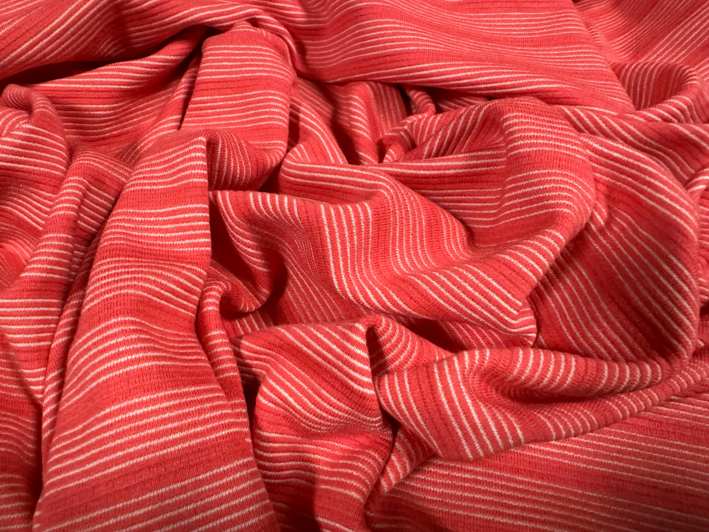 Ponte Roma double jersey knit stretch fabric, per metre - reversible stripe - strawberry & off white