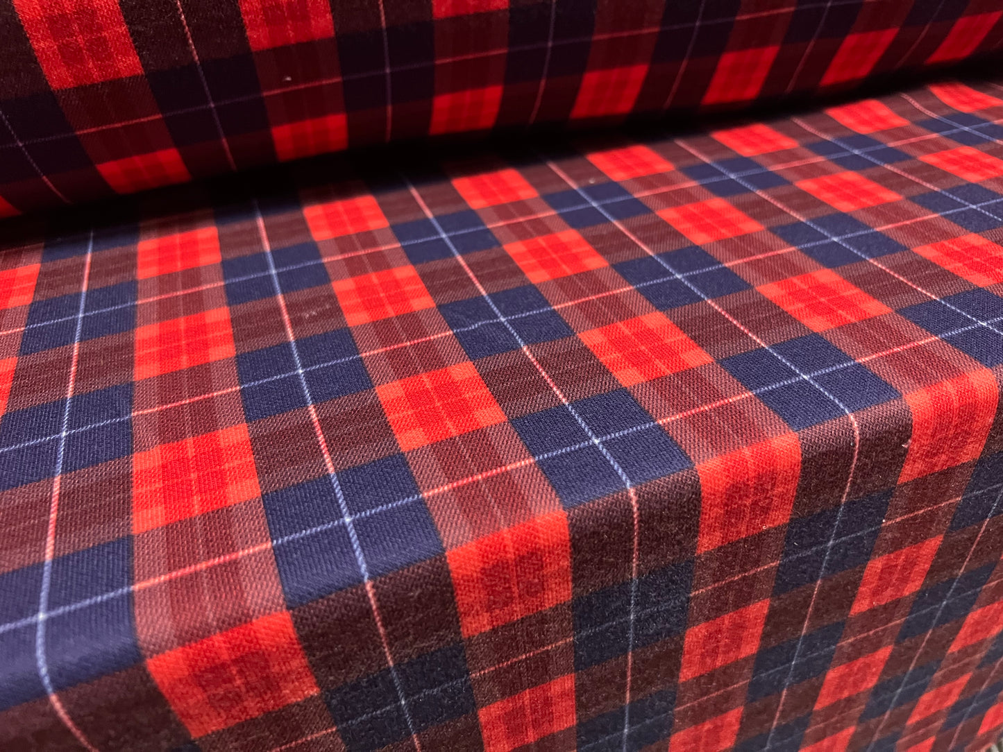 Soft stretch knitwear jersey fabric, per metre - tartan print - red & navy blue