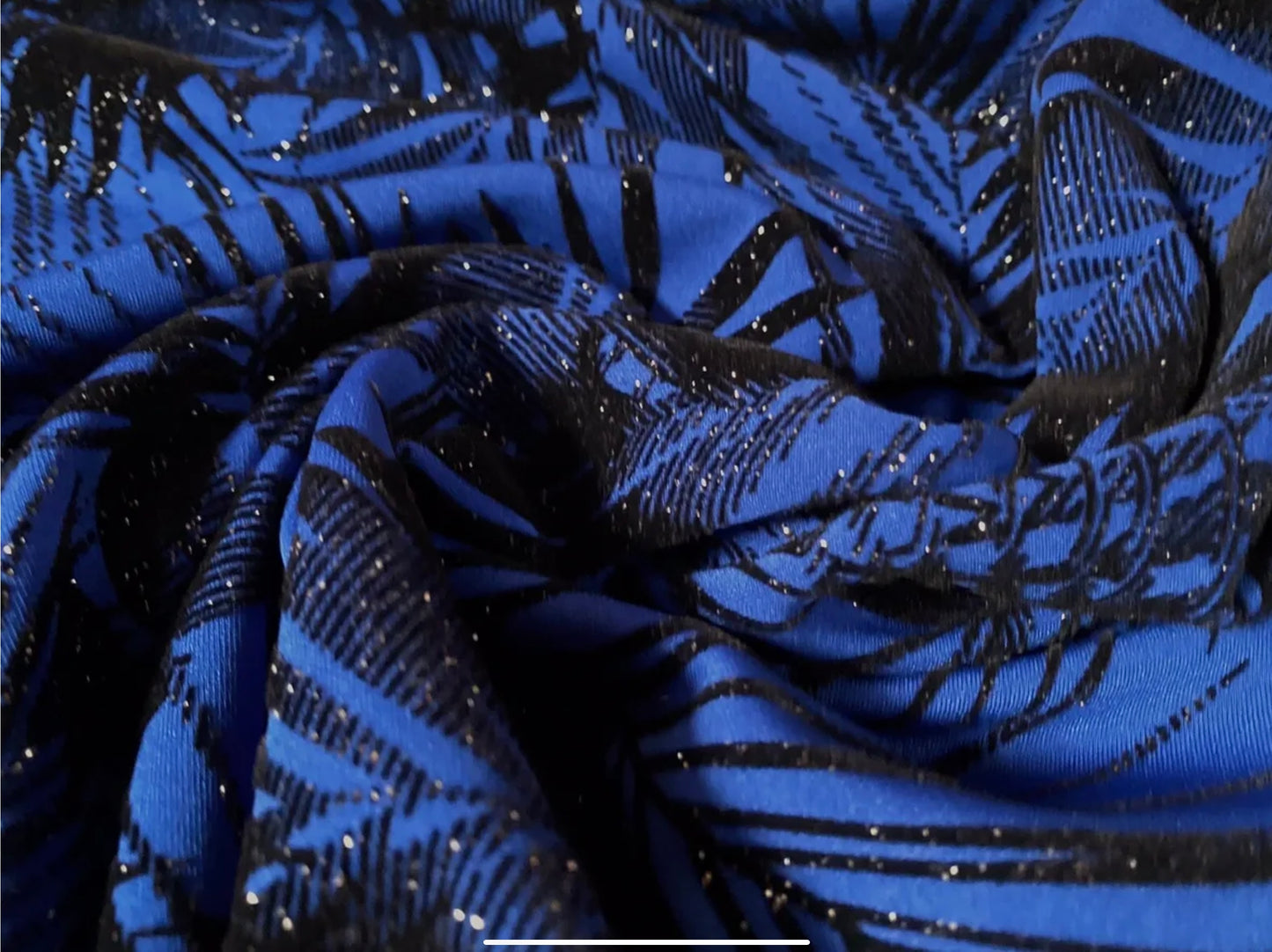 Stretch spandex double jersey fabric, per metre - bamboo leaves print with glitter sparkle - royal blue & black