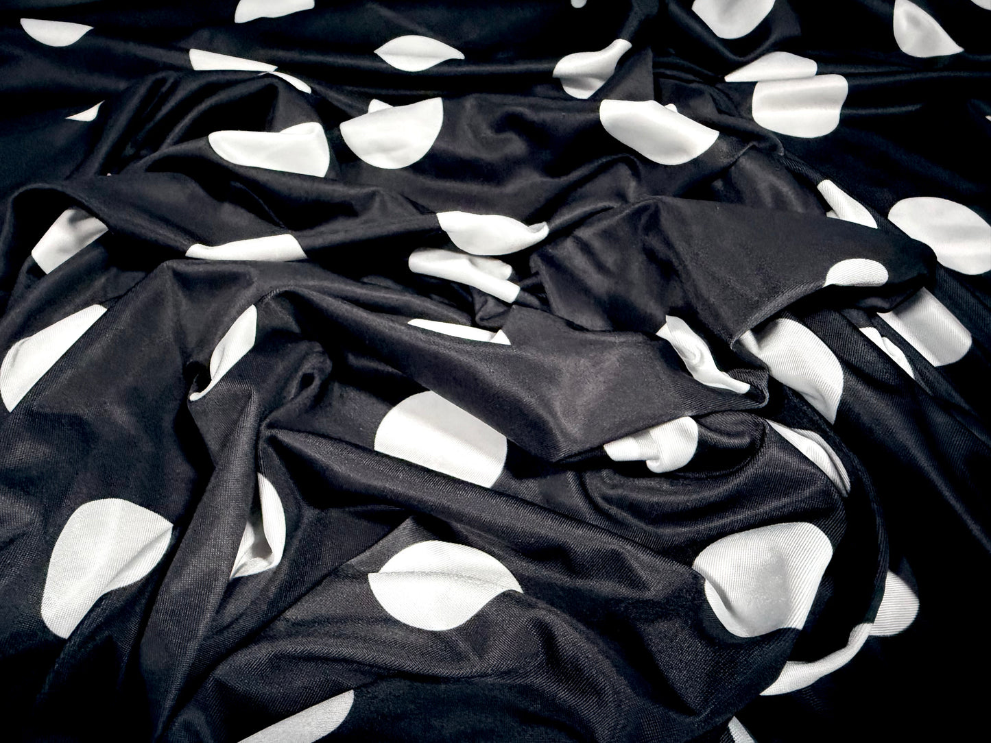 Soft touch stretch spandex jersey fabric, per metre - polka dot print - black & white