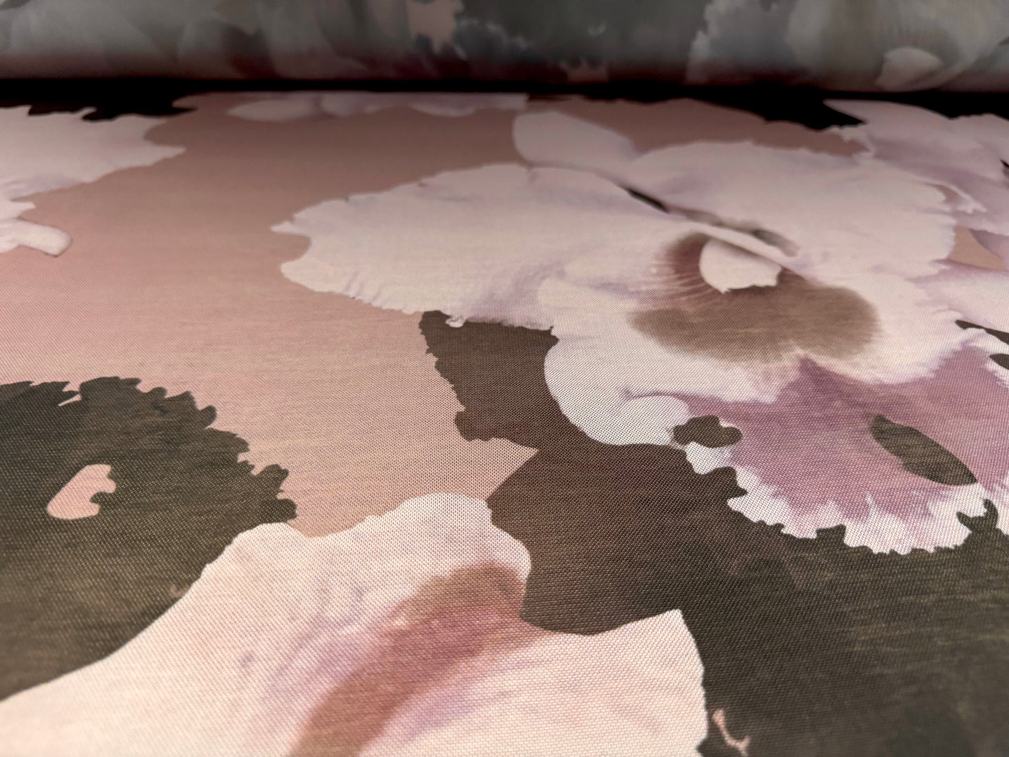 Power mesh net stretch spandex fabric, per metre - lily flower print - dusky pink & lilac