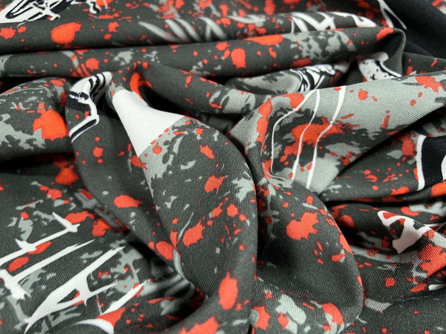 Panama woven fashion fabric, per metre - pirate skull & crossbones print - grey & red