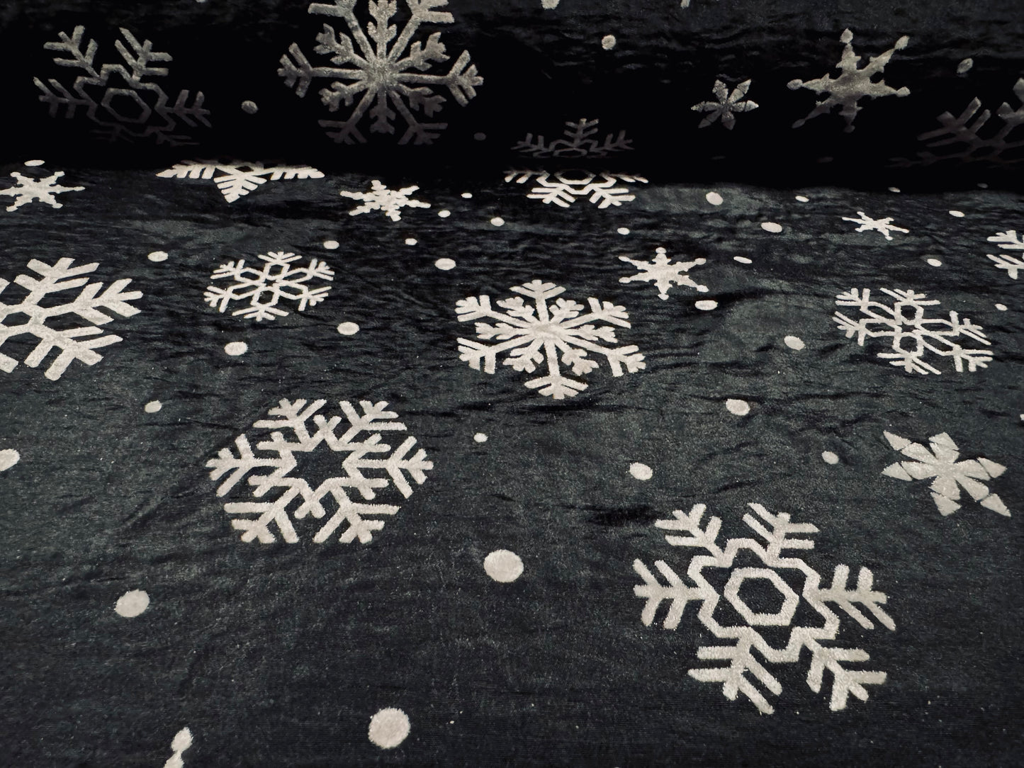 Taffeta faux silk fabric - flocked snowflake print - black & greystone